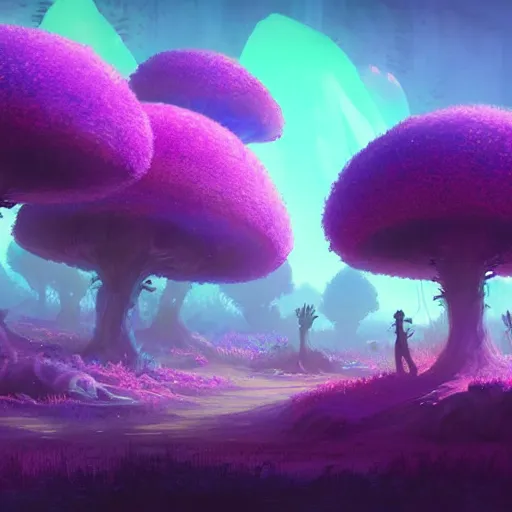 Image similar to concept art painting of a fantasy alien fungal landscape at night, magenta trees, glowing blue mushrooms, dark purple sky, realistic, detailed, cel shaded, in the style of makoto shinkai and greg rutkowski and albert bierstadt and james gurney