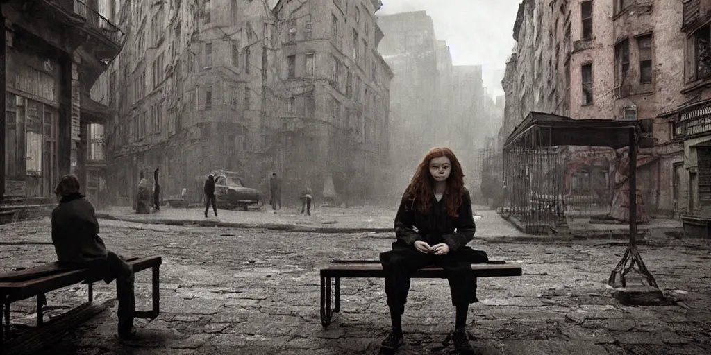 Image similar to mid shot of sadie sink in hoodie sits on bench in ruined square, pedestrians walk by | steampunk tenement windows in background : 3 5 mm film, anamorphic, from schindler's list by steven spielberg. cyberpunk, cinematic atmosphere, detailed and intricate, perfect anatomy
