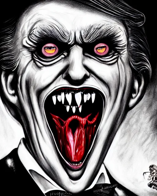 Image similar to donald trump dracula, fangs, character portrait, close up, concept art, intricate details, hyperrealism, in the style of otto dix and h. r giger