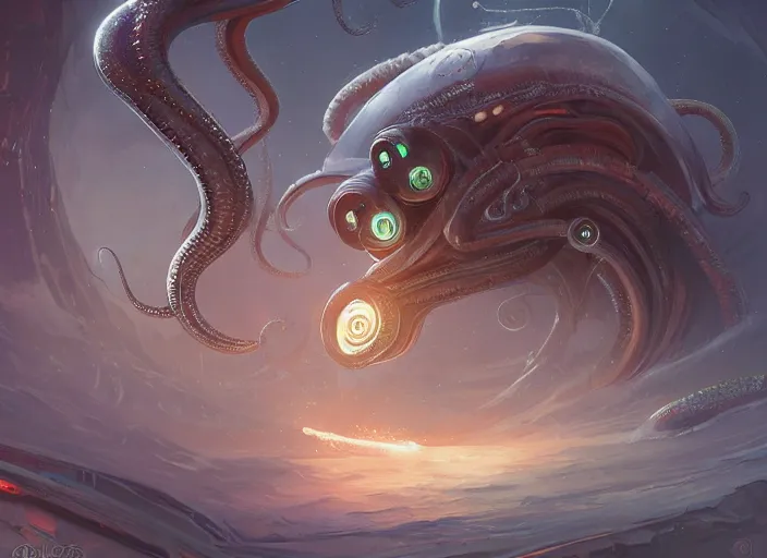 Prompt: cephalopod alien with long powerful tentacles and a single large eye wearing a custom space suit, highly detailed, digital painting, artstation, concept art, matte, sharp focus, illustration, dramatic, galactic plane, hearthstone, art by artgerm and greg rutkowski and alphonse mucha