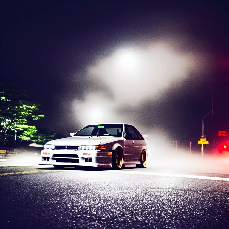 Image similar to one car JZX90 twin turbo drift middle of empty street, misty kanagawa prefecture, night, cinematic color, photorealistic, highly detailed,