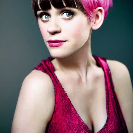 Prompt: portrait of zooey deschanel with pink pixie cut hairstyle by mario testino, headshot, detailed, award winning, sony a 7 r