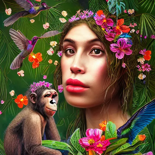 Image similar to beautiful young female chimpanzee surrounded by hummingbirds and fine floral ornaments, eye - level medium - angle shot, intricate, floral background, by esao andrews, by m. w. kaluta, by yoshita amano, intricate, symmetrical, natural lighting, smooth, 3 d octane render, depth perception, 4 k,, artstation