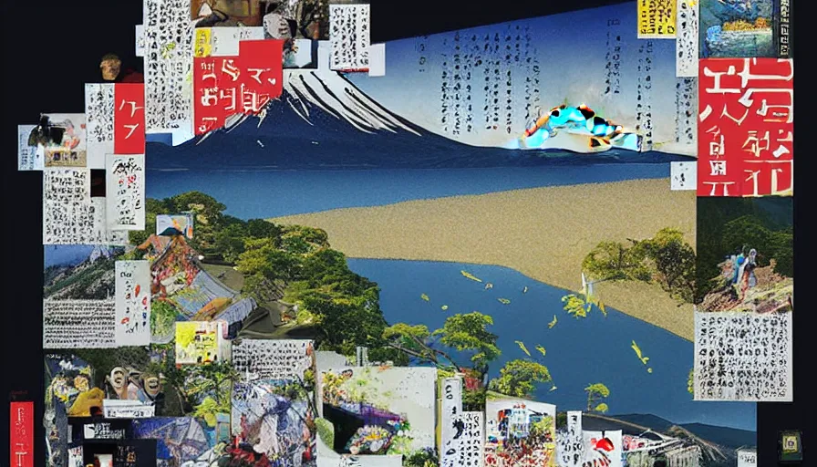 Prompt: award winning graphic design poster, cutout clips of a variety of postcards, National Geographic photographs, manga and newspaper cutouts a variety of japan travel images, natural landscape beauty, japan harvest, crafts, architecture and more, constructing an contemporary art assemblage of mount fuji and bullet train, isolated on white, neo-classical painting