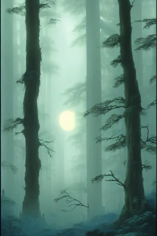 Image similar to emissary a dark moody forest moon home of the furry yellow eyed ewoks, small fires illuminating the forest, foggy blue hour, light traveling through the trees, small creek, ( designated : ix 3 2 4 4 - a ) by arthur haas and bruce pennington and john schoenherr, cinematic matte painting, 8 k, dark color palate