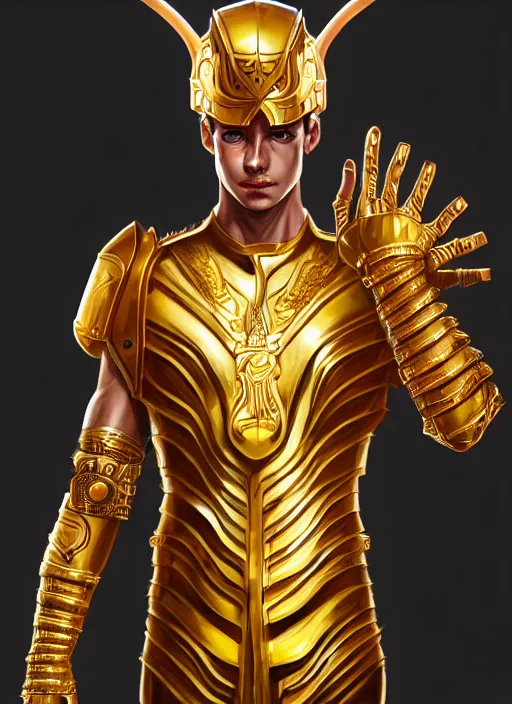 Prompt: the god hermes, gold armour, white skin, male, portrait, sharp focus, digital art, concept art, dynamic lighting, subsurface scattering, photoreal, trending on artstation, by emylie boivin and rossdraws