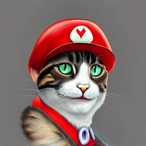 Image similar to Portrait of a Cat dressed as Super Mario, Mario hat, nintendo, highly detailed, digital painting, artstation, concept art, smooth, sharp focus, illustration, art by artgerm and greg rutkowski and alphonse mucha