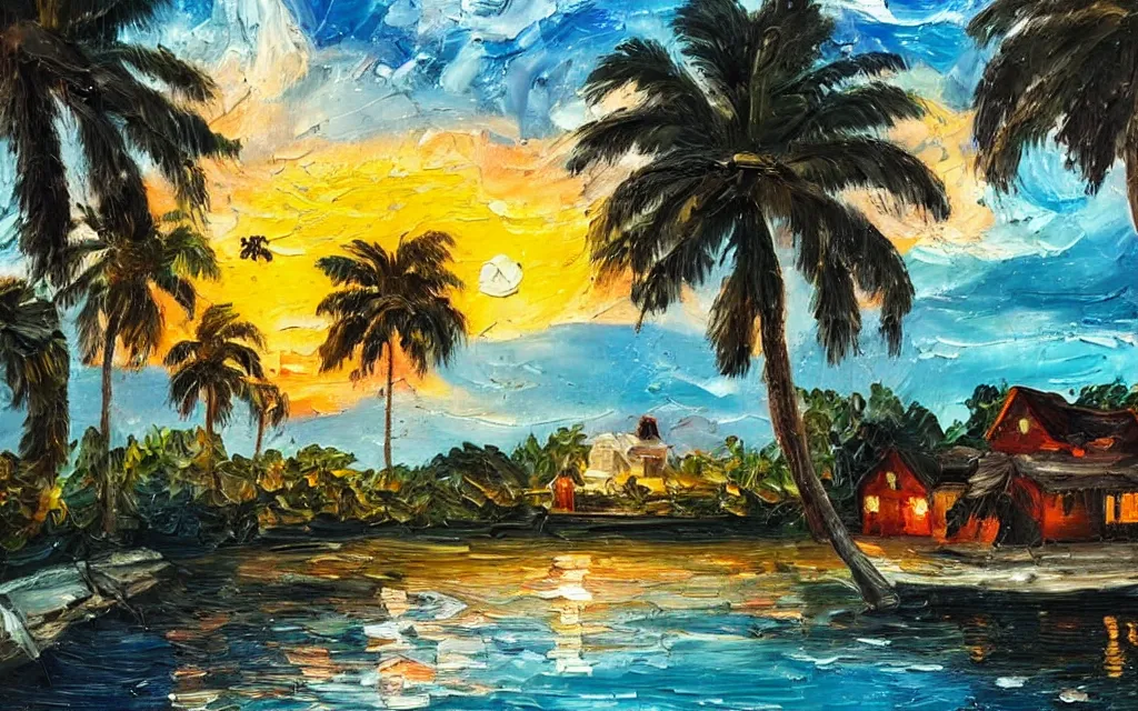 Image similar to a tiny island surrounded by water with a cozy cottage, with a paved garden courtyard with benches, palm trees, river, sunset, puffy clouds, dramatic and dynamic lighting, thick brush strokes oil impasto painting