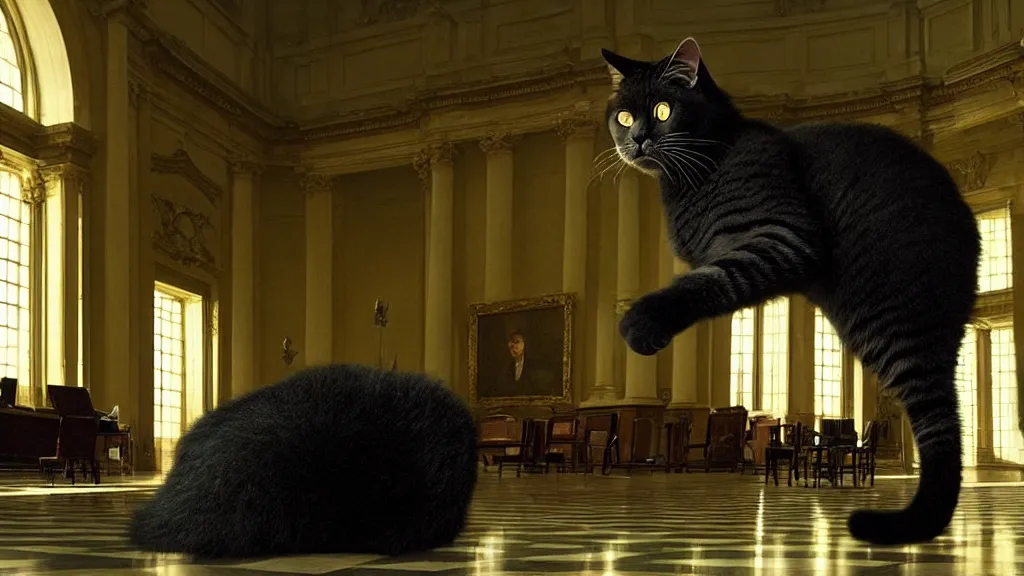 Image similar to the giant cat in city hall, film still from the movie directed by denis villeneuve and david cronenberg with art direction by salvador dali, wide lens