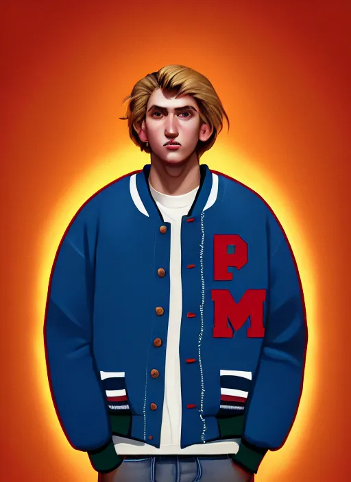 Image similar to portrait of high school senior boy named big moose, blonde short hair, jock, beefy, wide face, square jaw, square facial structure, blue varsity jacket with letter r, intricate, elegant, glowing lights, highly detailed, digital painting, artstation, concept art, sharp focus, illustration, art by wlop, mars ravelo and greg rutkowski