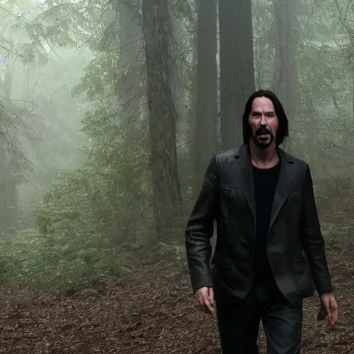 Prompt: Keanu reeves in The woods foggy but clear image 4k detailed