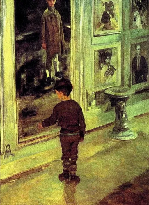 Prompt: detailed painting of a boy in a hall by Valentin Serov, Mikhail Vrubel, Nesterov, Adrian Ghenie. masterpiece. still from a movie by Terrence Malick and Tarkovsky