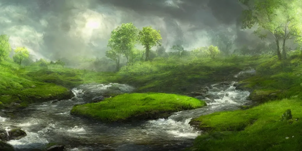 Prompt: a babbling brook on a green field, matte painting, concept art, 4k