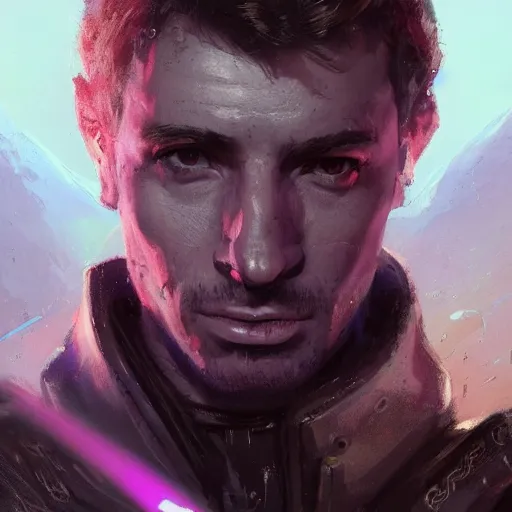 Prompt: portrait of a man by greg rutkowski, a soldier of the galactic dominion, wearing a purple tactical gear, star wars expanded universe, highly detailed portrait, digital painting, artstation, concept art, smooth, sharp foccus ilustration, artstation hq