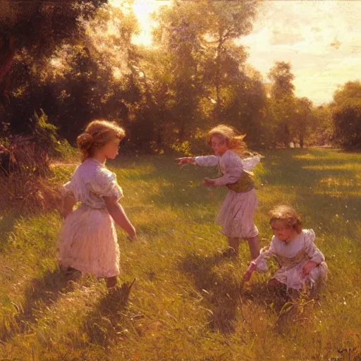 Prompt: detailed wide shot of children playing in the field, spring light, painting by gaston bussiere, craig mullins, j. c. leyendecker