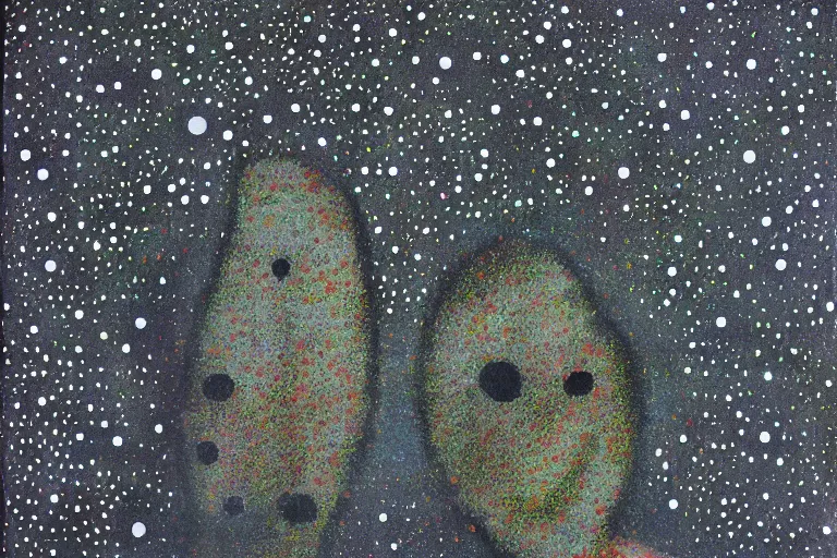 Image similar to teeth, smile, faceless people dark, acrylic, clay, dots abstract, dripping, stipple, pointillism, technical, abstract, minimal, style of francis bacon, asymmetry, pulled apart, stretch, cloak, eerie, made of dots, abstraction chemicals, balaclava mask, colored dots, sploch