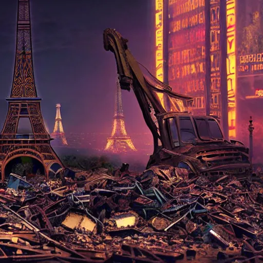 Prompt: A beautiful intricate 8K award-winning ground-level cinematic movie photograph of the future rusting rubble of the fallen and decimated Eiffel Tower, lying in pieces on the ground, surrounded by neon and collapsing corporate video billboard displays. in the year 2050, by Bruno Delbonnel and greg rutkowski. octane render, Arri Alexa 65. Cinematic lighting