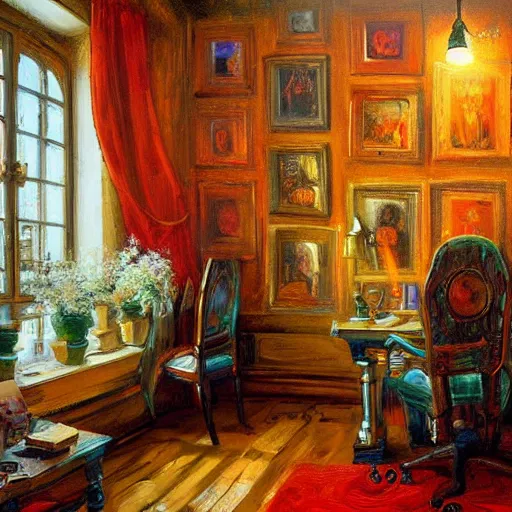 Prompt: a cozy little office nook, dmitry spiros, leonardo da vinci, 8 k, wide angle,