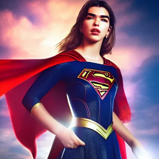 Image similar to a potrait of dua lipa potrayed as Supergirl by Zack Snyder, Christopher Nolan, 8k photorealistic, cinematic lighting, HD, high details, dramatic, trending on artstation, above view, dark atmosphere,