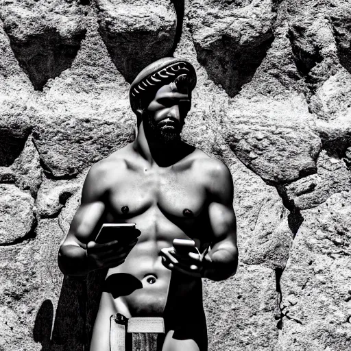 Prompt: photography portrait of a spartan holding a cell phone, ancient greece, leica 1 0 0 mm f 0. 8