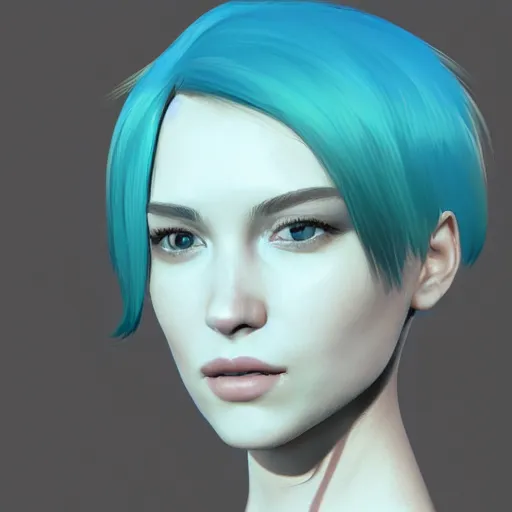 Prompt: profile of a female character with short hair, shoulders can be seen, minimal, turquoise tones, black tones, white background, facing front left, trend on artstation