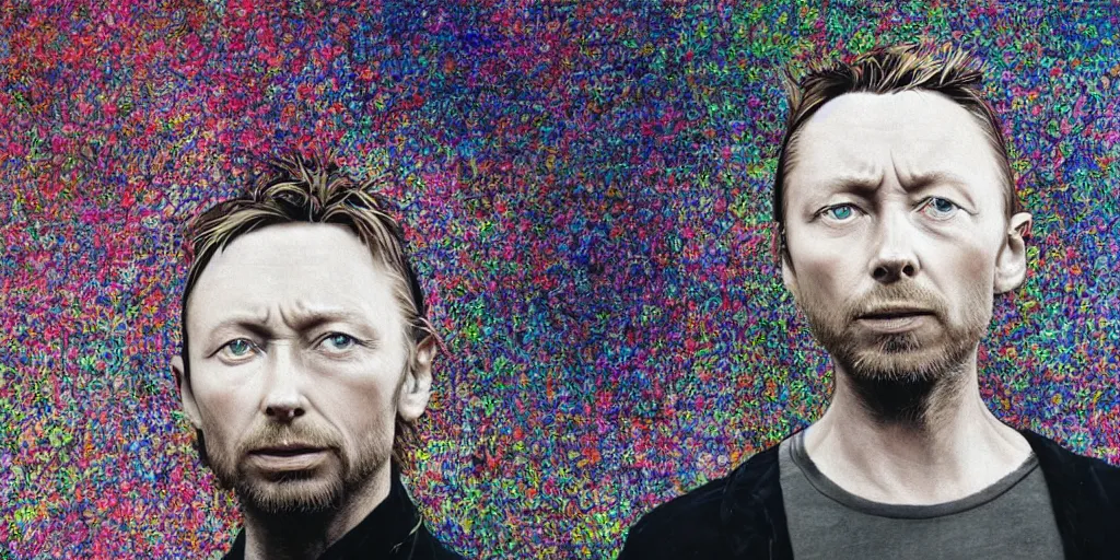 Image similar to photograph of print of thom yorke picture on a table, hyper realistic, variations of thom yorke, high quality photograph, mixed styles, intricate details, trees, diverse colors, deep emotional impact, very wide angle