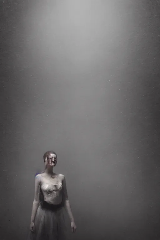 Prompt: dark ballerina, emil melmoth, concept art, deviantart, dark, 3 5 mm, chiaroscuro, surrealist, victorian, mist, rain, dark, on an empty stage from above, symmetrical face