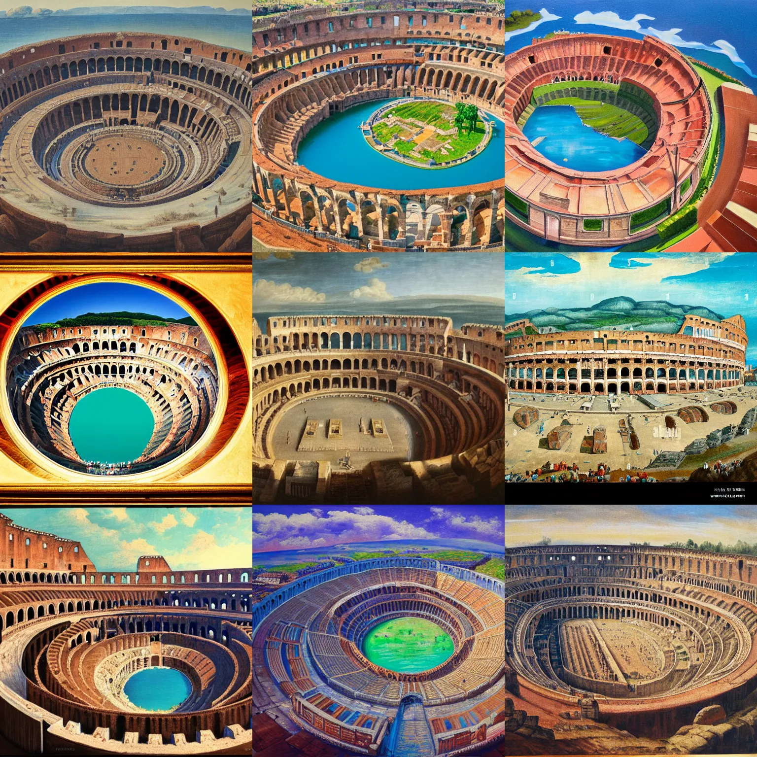 Image similar to a colosseum like arena with it's central round inner arena part surrounded with water, view from the sky, detailed painting, 8 k