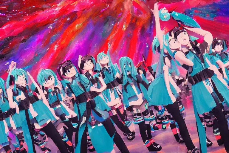 Prompt: hatsune miku singing for the whole world, fireworks at the greatest festival of all time, oil on canvas