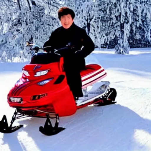 Image similar to jackie chan on a snowmobile