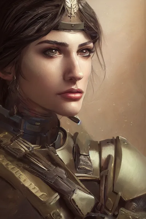 Image similar to a professionally painted portrait of an attractive young woman, clothed in military armor, olive skin, long dark hair, beautiful bone structure, symmetrical facial features, intricate, elegant, digital painting, trending on Artstation, concept art, smooth, sharp focus, illustration, from Metal Gear by Ruan Jia and Mandy Jurgens and Artgerm and William-Adolphe Bouguerea, award winning