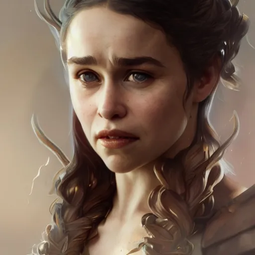 Image similar to Emilia Clarke, D&D, fantasy, intricate, cinematic lighting, highly detailed, digital painting, artstation, concept art, smooth, sharp focus, illustration, art by Artgerm and Greg Rutkowski and Alphonse Mucha