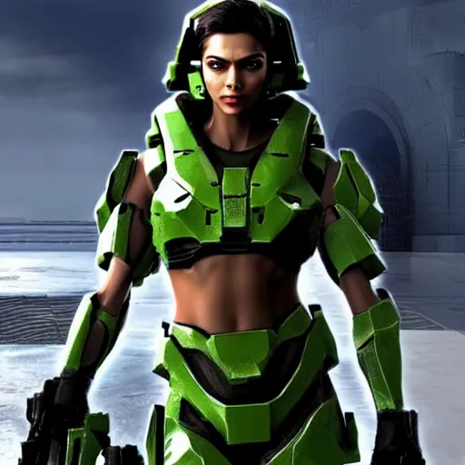 Prompt: a screenshot of deepika padukone in the video game halo. 3 d rendering. unreal engine. amazing likeness. very detailed. cartoon caricature