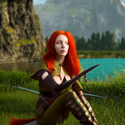 Image similar to beautiful female redhead elf warrior wearing olive green leather and a bow and quiver on her back, sitting next to a beautiful lake at sunset, enjoying the wind, looking at the water. 8 k ultra realistic, award winning, unreal engine 5, masterpiece, atmosphere glow, hyperrealistic, focused, extreme details, cinematic