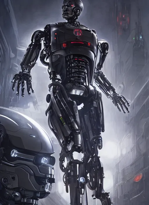 Image similar to cyborg, borg, android, strogg, face of a man, body of a robot, droid, robocop, cable, victor stone, ultron, terminator, machine, flesh, quake, doom demon, wolfenstein, monster, octane render, from an anime movie, symmetry, symmetrical, concept art by ruan jia and greg rutkowski