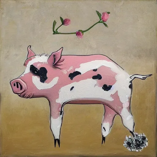 Image similar to “pig paintings and pig sculptures in a pig art gallery, pork, ikebana white flowers, white wax, squashed berries, acrylic and spray paint and oilstick on canvas, by munch and Dali”