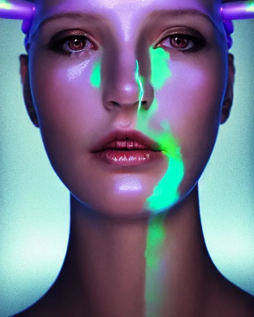 Image similar to soft focus portrait of an android with soft synthetic skin, bioluminescent plastics, smooth shiny metal plates, elaborate head piece, piercings, skin textures, by annie liebovotz,