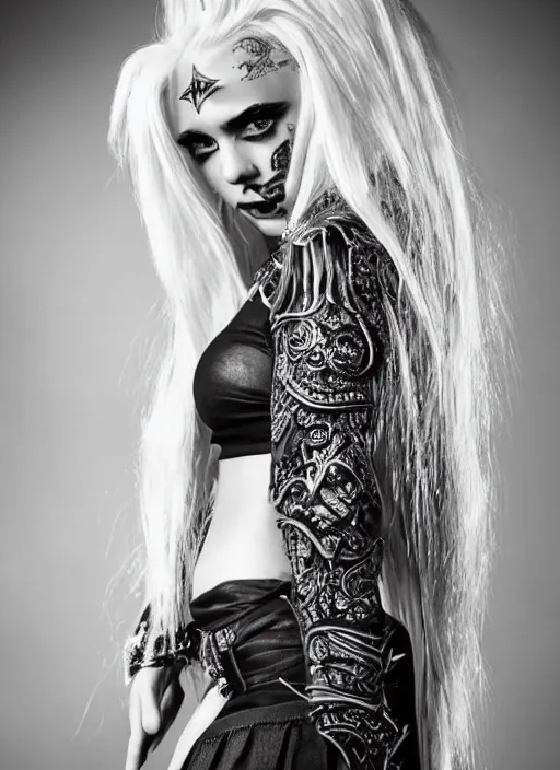 Image similar to kerli koiv in mini skirt and crop top tank top, platform boots, beautiful face, intricate, extremely detailed, modeling photography, 8 0 mm camera, dramatic lighting, dark room, body and face, golden ratio, rule of 3 rds, well proportioned