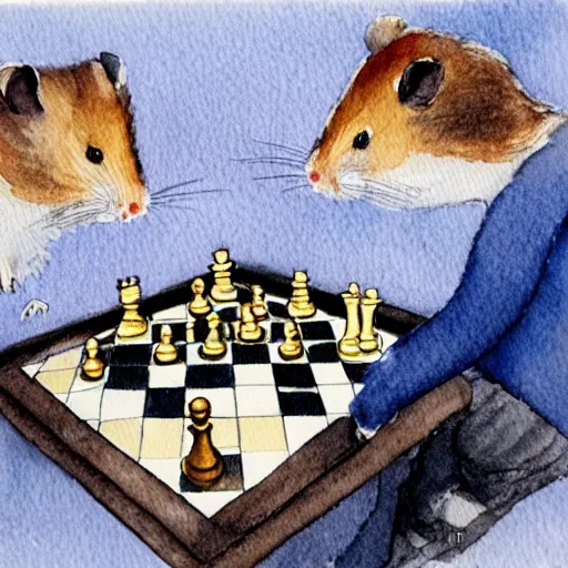 Prompt: a hamster playing chess, seen from the opponents view across the board, watercolour