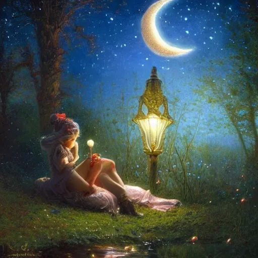 Prompt: attractive, fairy, in the night, fantasy, crescent moon in background, luminous, toadstools, fireflies, fantasy, highly detailed painting by gaston bussiere, craig mullins, j. c. leyendecker, mid shot, 8 k realistic, sharp focus