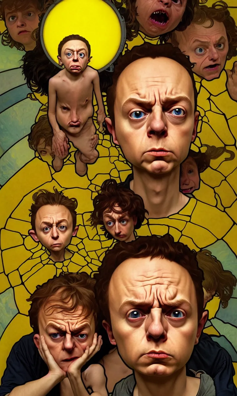 Image similar to hyper realistic grotesque portrait of an very young 1 2 yr dumb roundheaded round head morty, from rick and morty, worried, yellow t - shirt, portal in the background, by lee bermejo, alphonse mucha and greg rutkowski