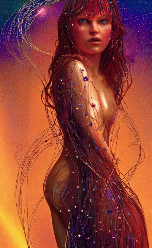 Image similar to extremely detailed cinematic movie still 3 0 7 7 full body shot of 2 5 years old woman inside woman inside woman hyperreal skin face golden energy strings art - nouveau style with colorful shining crystals by denis villeneuve, wayne barlowe, simon birch, marc simonetti, philippe druillet, bright volumetric sunlight, rich moody colors, bokeh