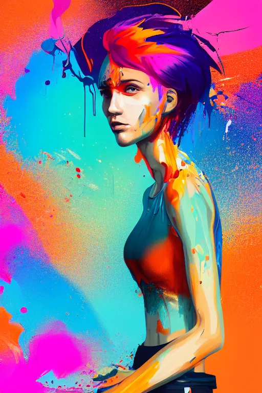 Image similar to a award winning half body portrait of a beautiful woman in a croptop and cargo pants with ombre orange blue teal hairstyle with head in motion and hair flying, paint splashes, splatter, outrun, vaporware, shaded flat illustration, digital art, trending on artstation, highly detailed, fine detail, intricate