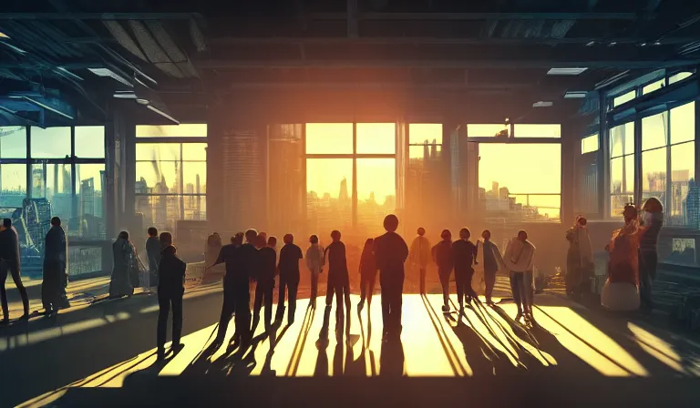 Image similar to group of people in simple warehouse, around a hologram of futuristic city on a table, cinematic concept art, godrays, golden hour, natural sunlight, 4 k, clear details, tabletop model buildings, center model buildings, hologram center, crane shot, crane shot, crane shot