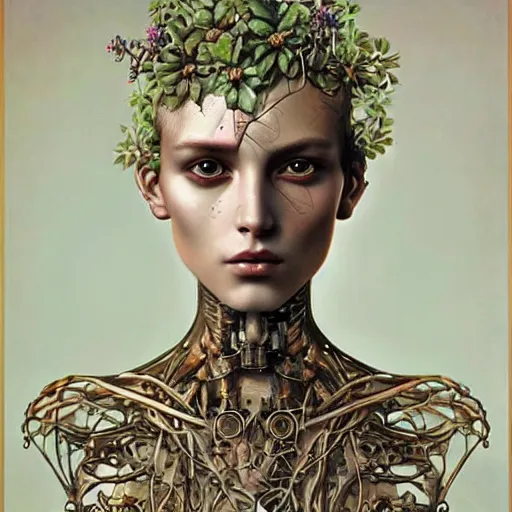 Prompt: humanoid robot, flowers growing from skin, highly detailed, expressive eyes, beautiful symmetric body, perfect proportions, highly intricate, art by tom bagshaw and alex gray