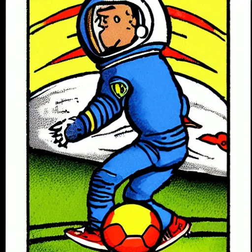 Prompt: tarot card of an astronaut playing soccer