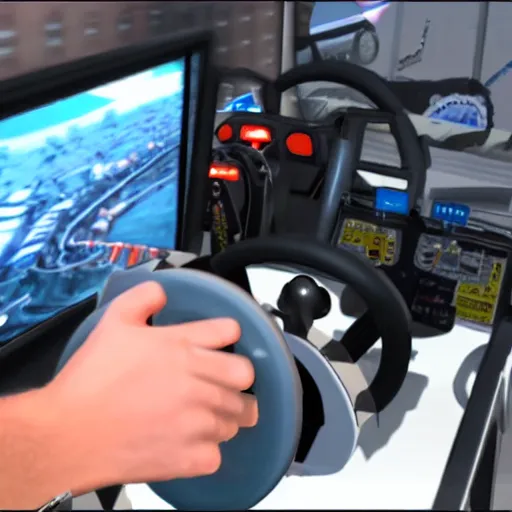 Prompt: man screaming holding wheel sim racing