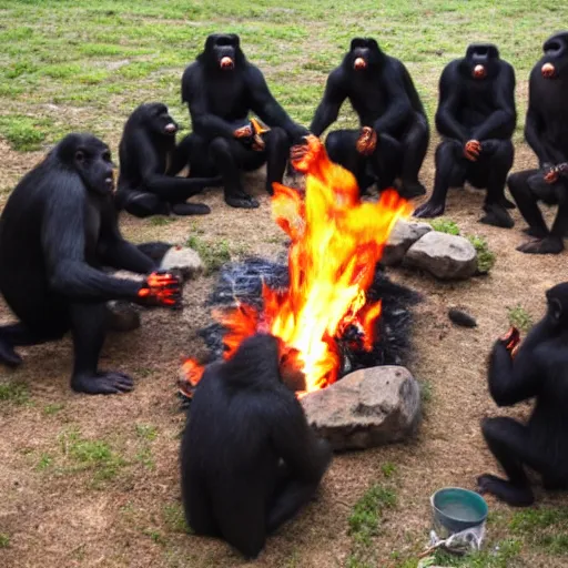 Prompt: apes huddled round a fire surrounded by absolute darkness