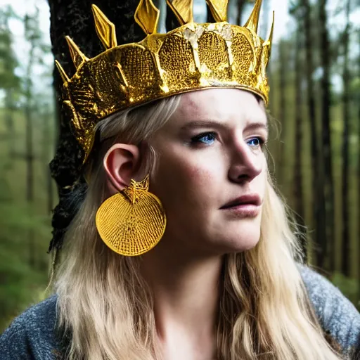 Prompt: A profile of a beautiful elf queen wearing three concentric crowns, golden hair, freckles, war paint, stunning makeup, serious stern look, forest background, magical glowing earrings, incredible detail, professional digital art, Sigma 85mm f/1.4, 4k