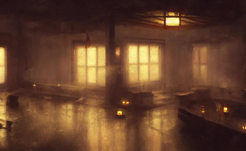 Image similar to painting of an interior Japanese bathhouse with candles by Greg Rutkowski and Craig Mullins, Dark atmospheric sad and cinematic lighting, Trending on artstation